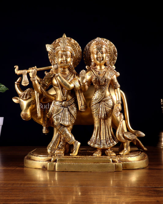 Pure Brass Radha Krishna with Cow Statue – Intricately Detailed 10 inch