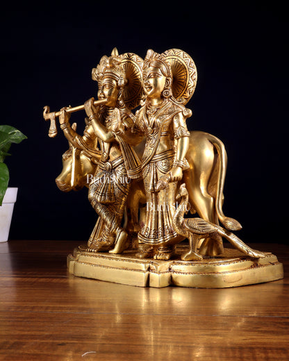 Pure Brass Radha Krishna with Cow Statue – Intricately Detailed 10 inch
