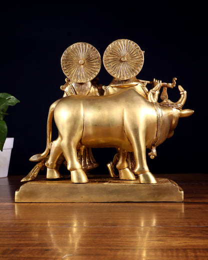 Pure Brass Radha Krishna with Cow Statue – Intricately Detailed 10 inch
