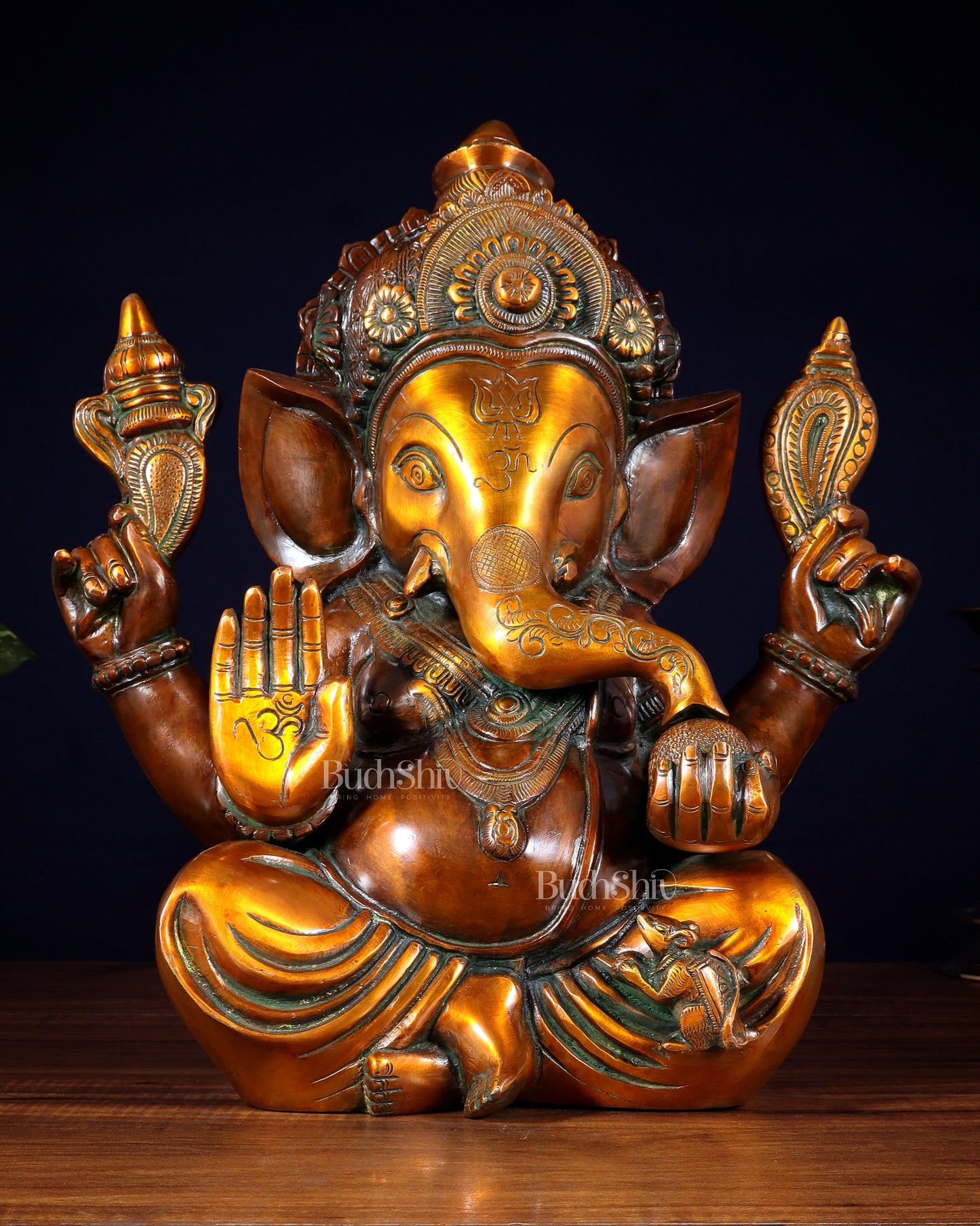 Pure Brass Large Crowned Ganesha Statue 15 inch