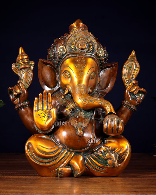 Pure Brass Large Crowned Ganesha Statue 15 inch