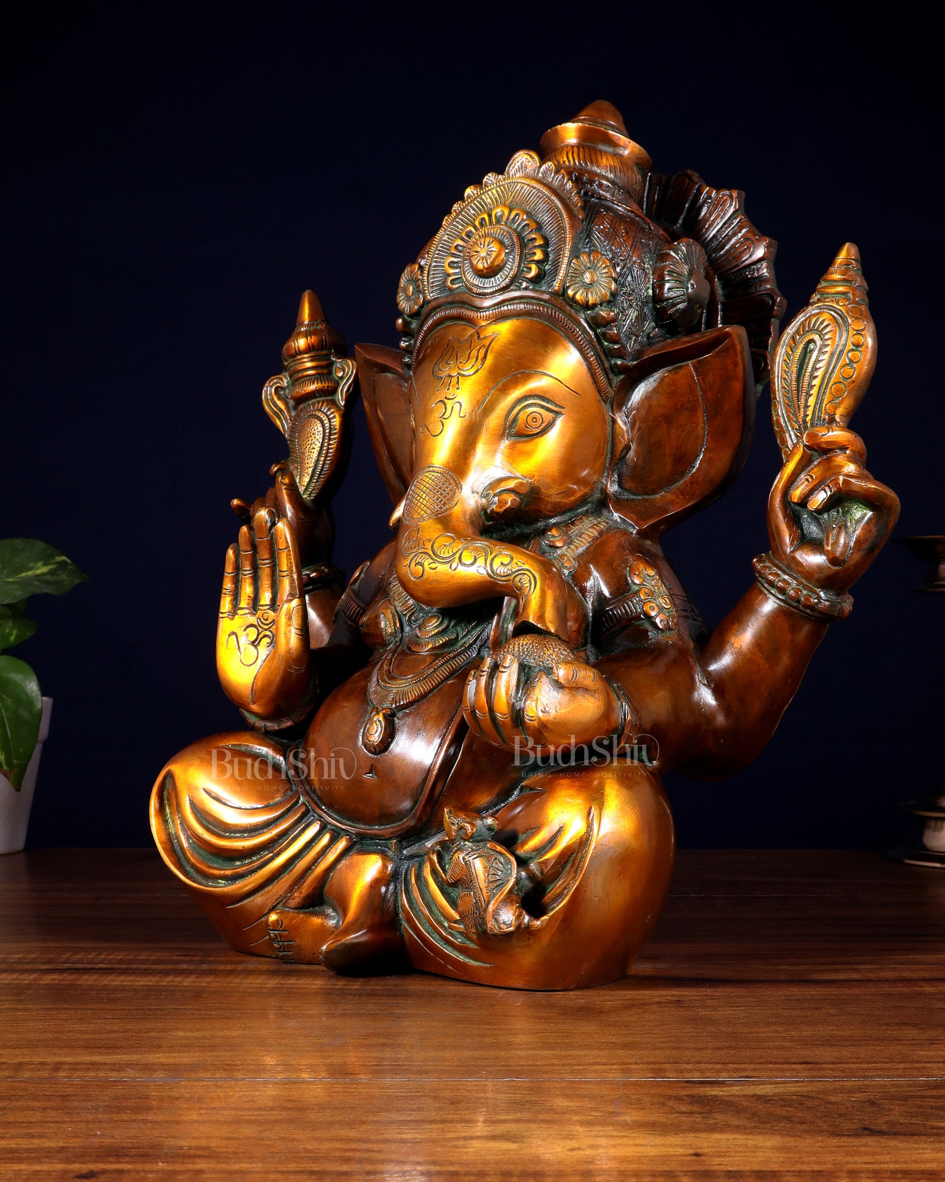 Pure Brass Large Crowned Ganesha Statue 15 inch
