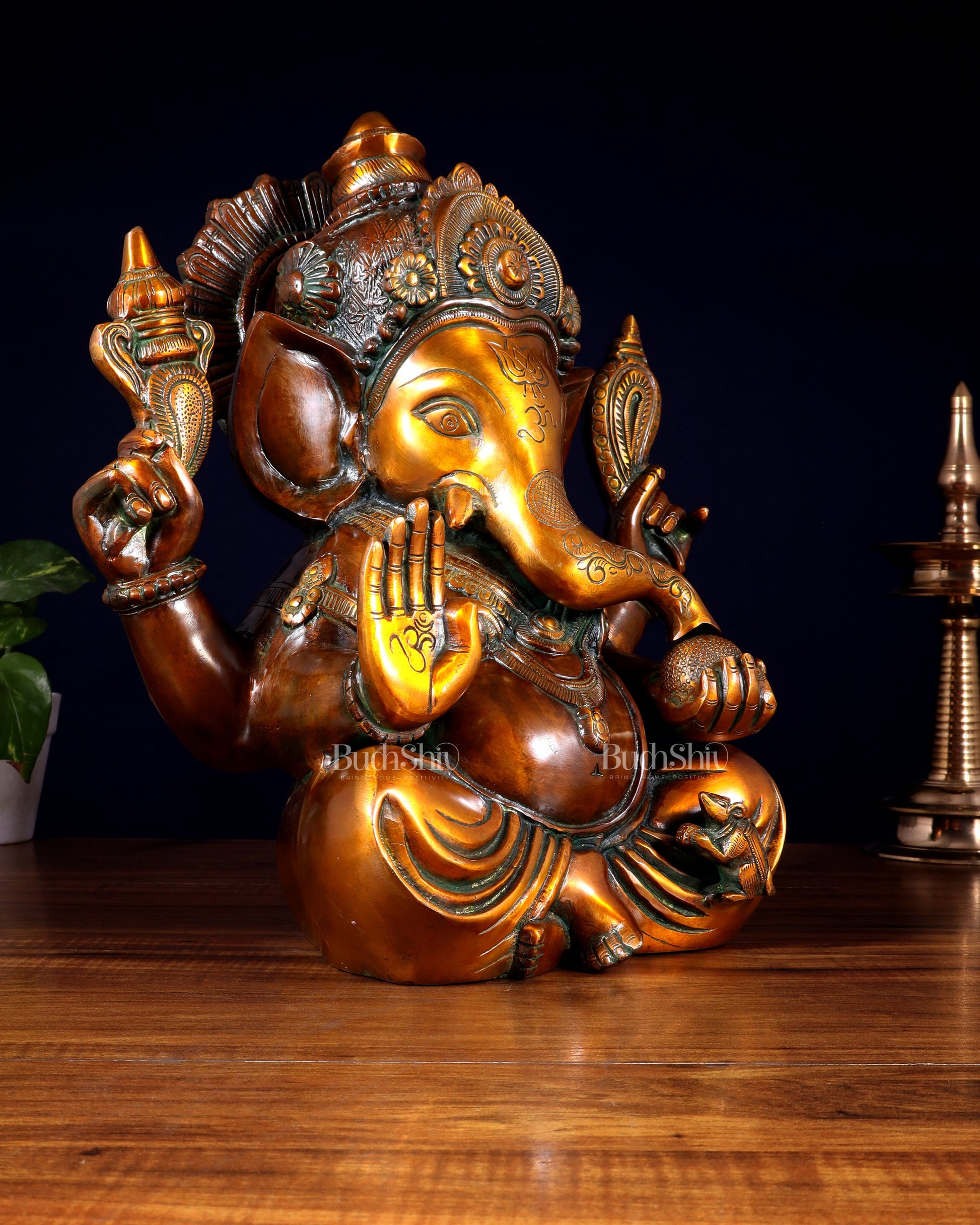 Pure Brass Large Crowned Ganesha Statue 15 inch