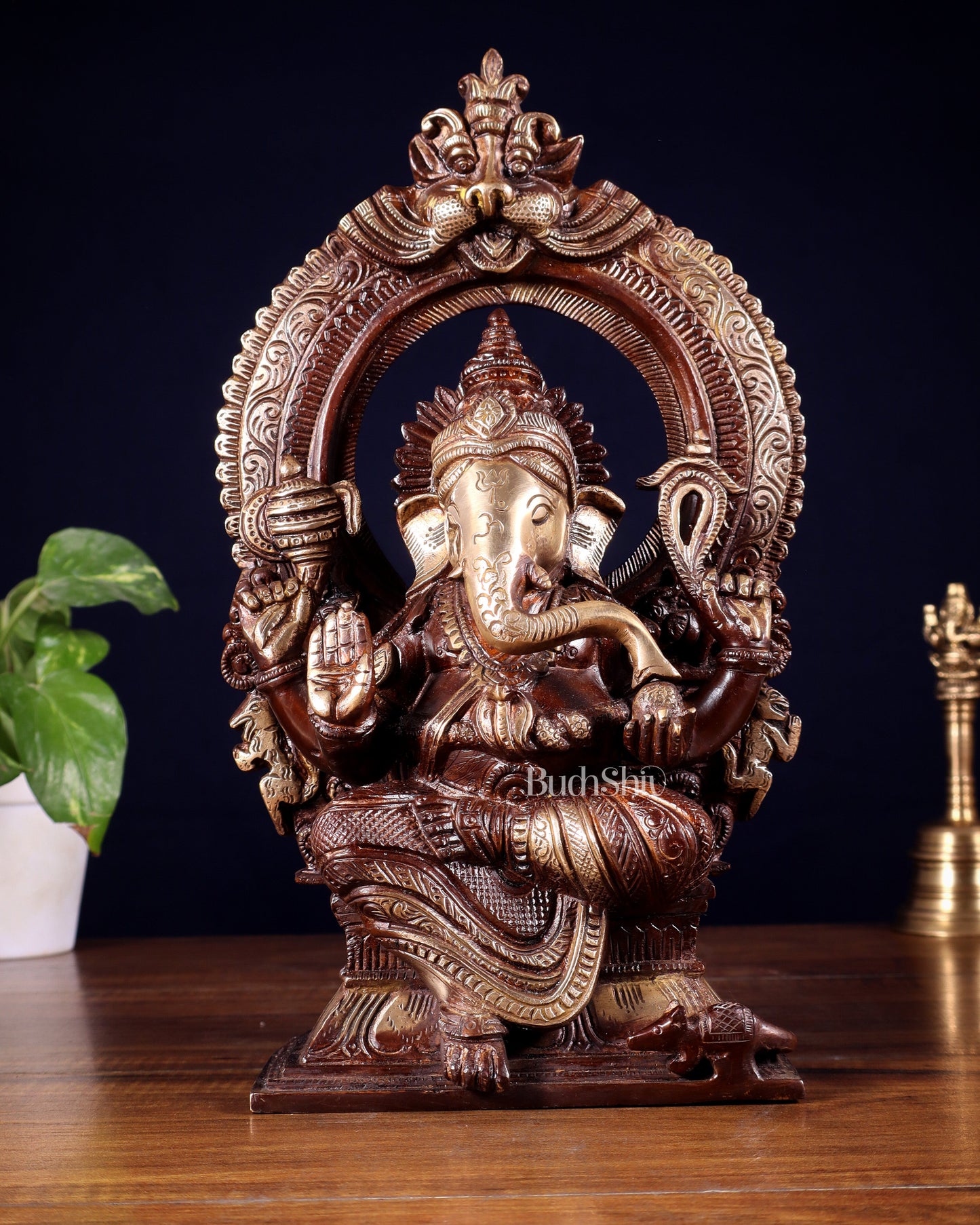 Pure Brass Lord Ganesha on Throne – Dual Tone Finish 12 inch