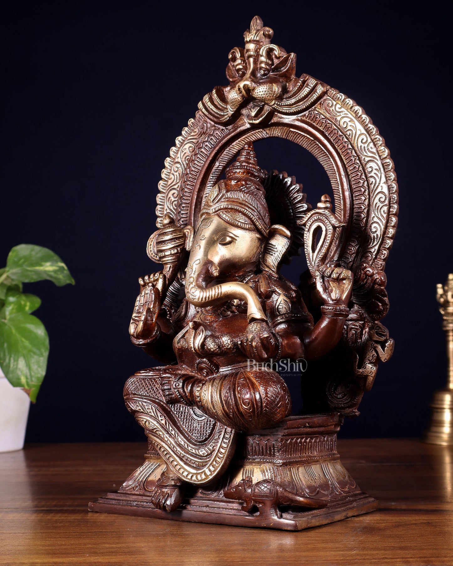 Pure Brass Lord Ganesha on Throne – Dual Tone Finish 12 inch