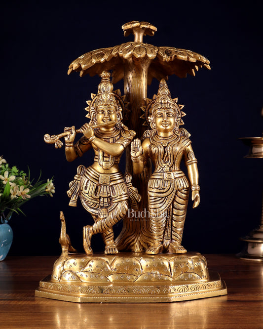 Pure Brass Radha Krishna Under Tree Idol - Height 13"