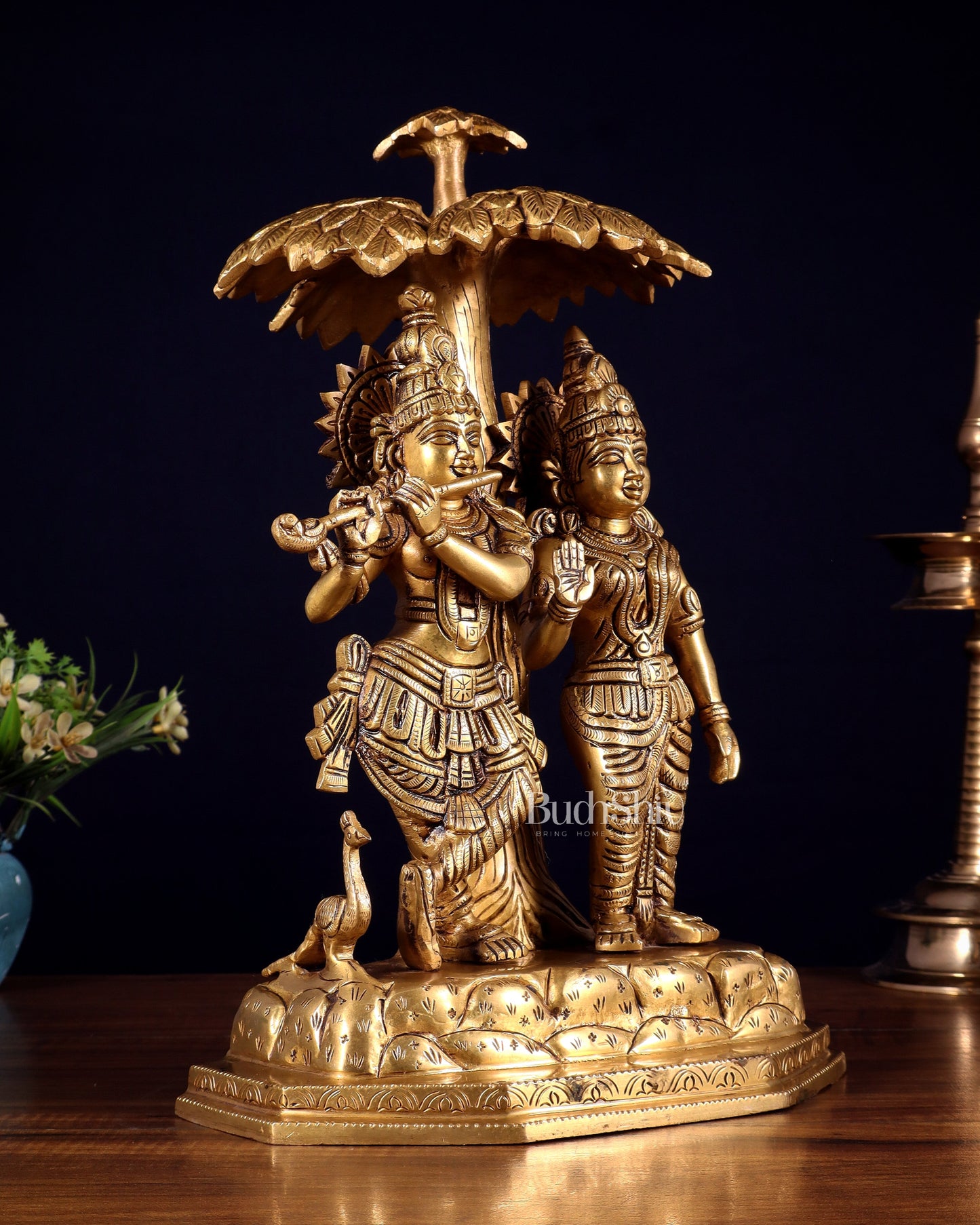 Pure Brass Radha Krishna Under Tree Idol - Height 13"