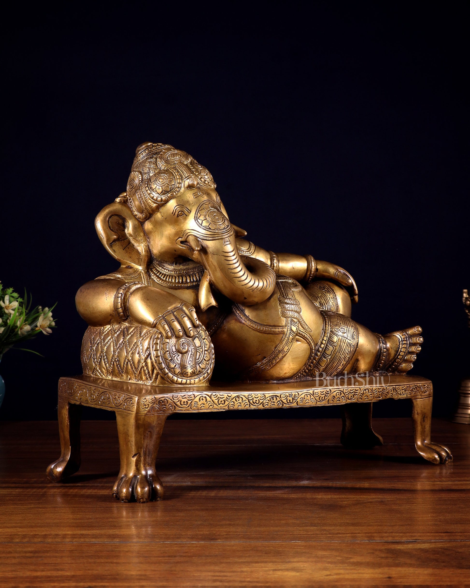 Brass Resting Ganesha Statue Idol - 12 Inch