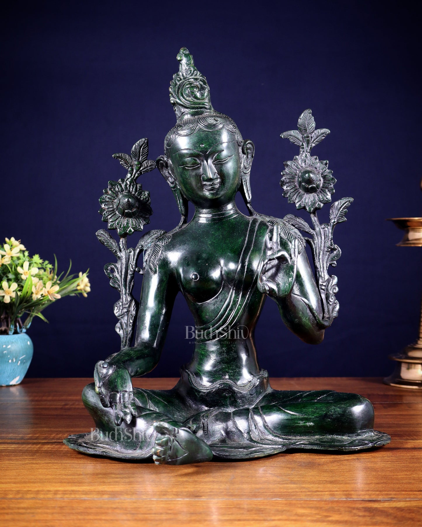 Large Pure Brass Green Tara Idol 13" agate green stone finish