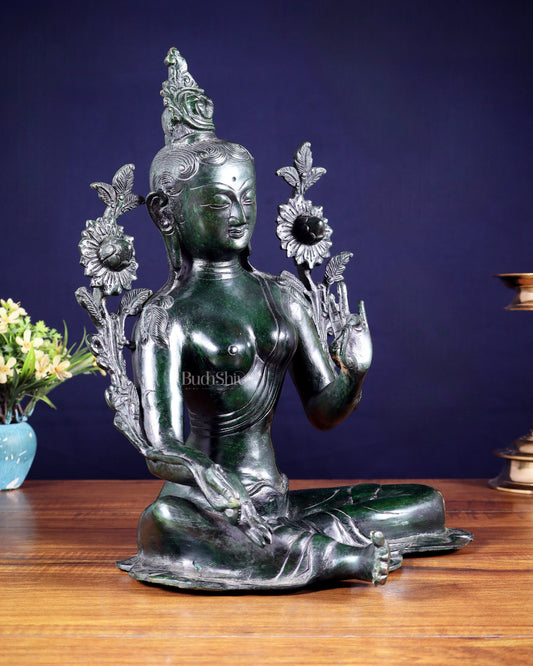 Large Pure Brass Green Tara Idol 13" agate green stone finish