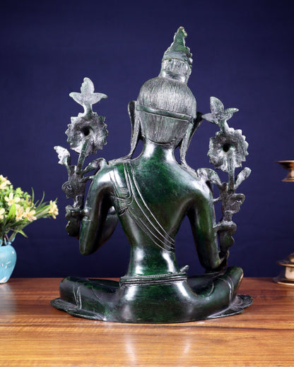 Large Pure Brass Green Tara Idol 13" agate green stone finish