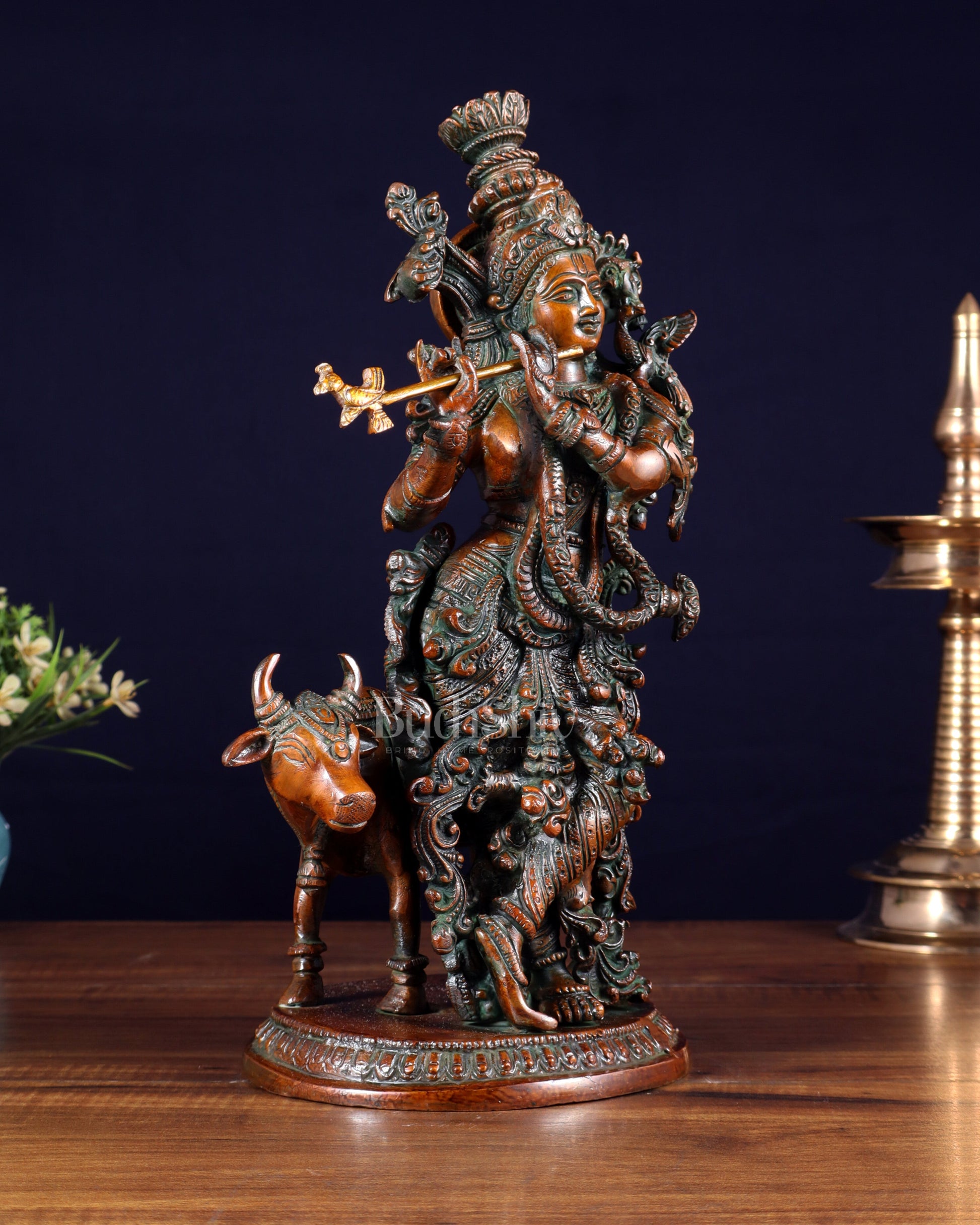 Pure Brass Lord Krishna with Cow Statue – Double Chola Tone 13 inch