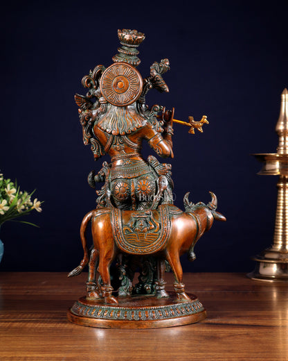Pure Brass Lord Krishna with Cow Statue – Double Chola Tone 13 inch