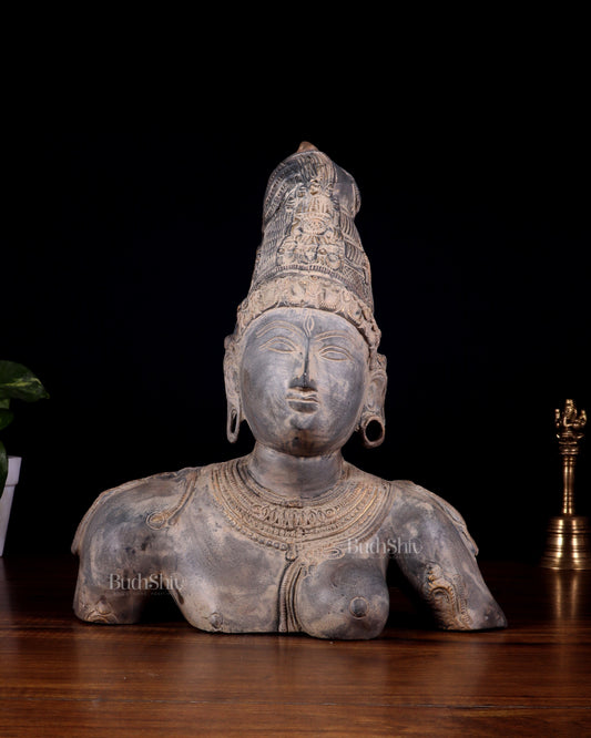 Pure Brass Shiva Parvati Ardhanarishwar Bust Sculpture – Vintage Stone Finish 12.25 inch