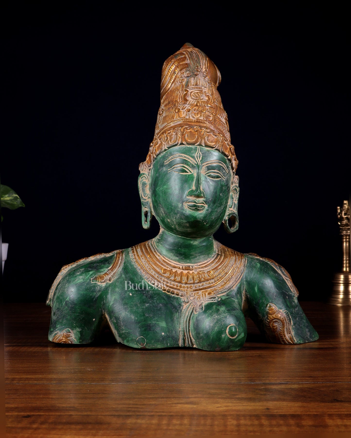 Pure Brass Shiva Parvati Ardhanarishwar Bust Sculpture – Vintage green patina 12.25 inch