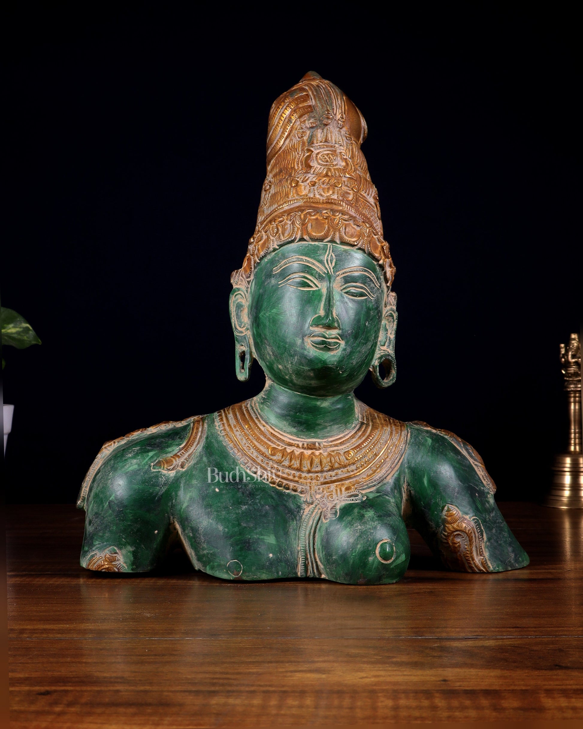 Pure Brass Shiva Parvati Ardhanarishwar Bust Sculpture – Vintage green patina 12.25 inch