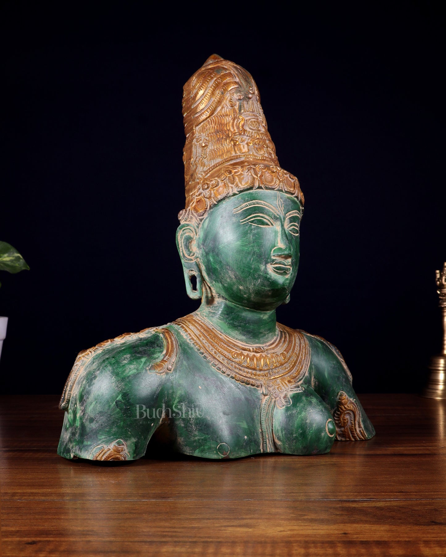 Pure Brass Shiva Parvati Ardhanarishwar Bust Sculpture – Vintage green patina 12.25 inch