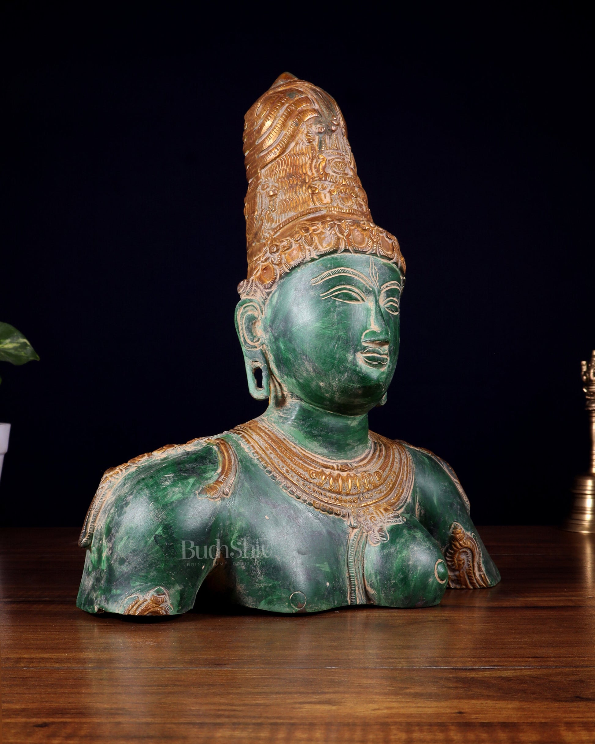 Pure Brass Shiva Parvati Ardhanarishwar Bust Sculpture – Vintage green patina 12.25 inch