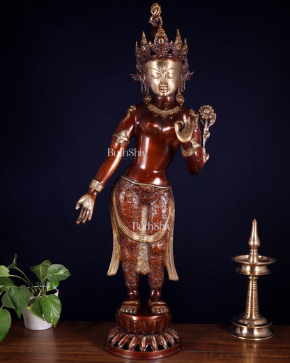 Pure Brass Standing Tara Idol – Dual Tone Copper & Golden Finish 30 inch