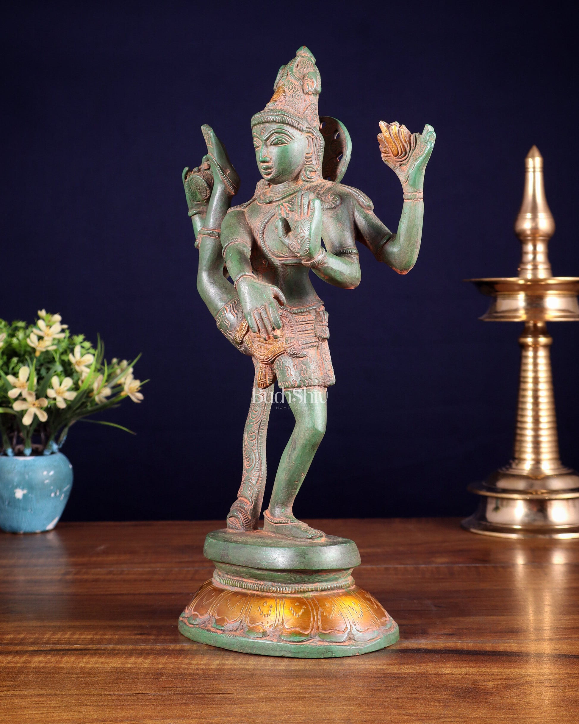 Brass Dancing Shiva Rudratandava Sculpture green patina tone 12 inch