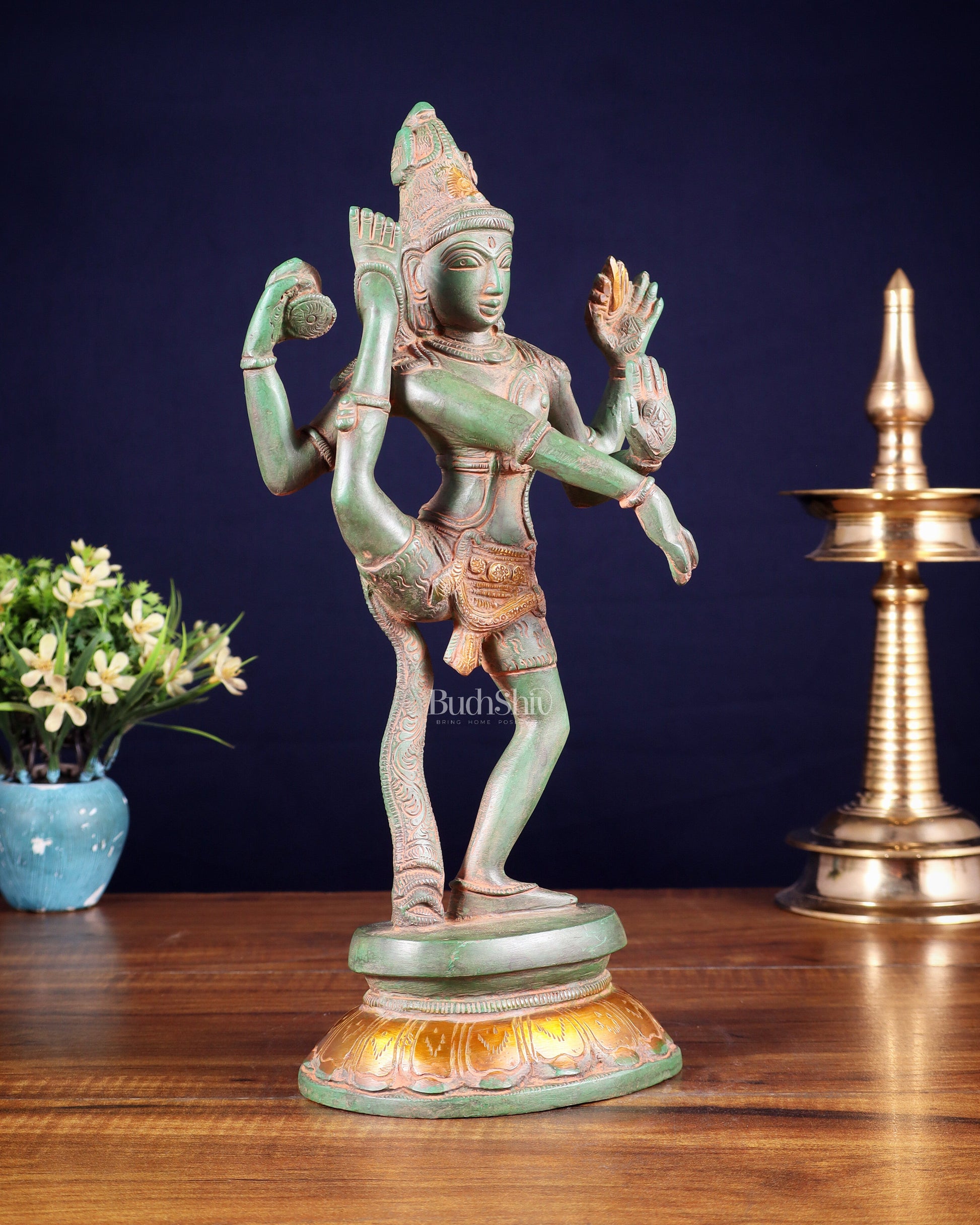 Brass Dancing Shiva Rudratandava Sculpture green patina tone 12 inch
