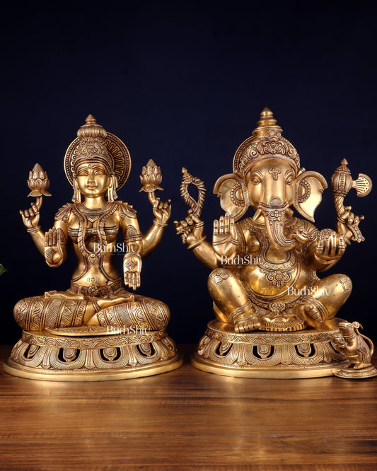 Pure Brass Ganesh Lakshmi Statue Pair – Superfine Handcrafted Idols 18"