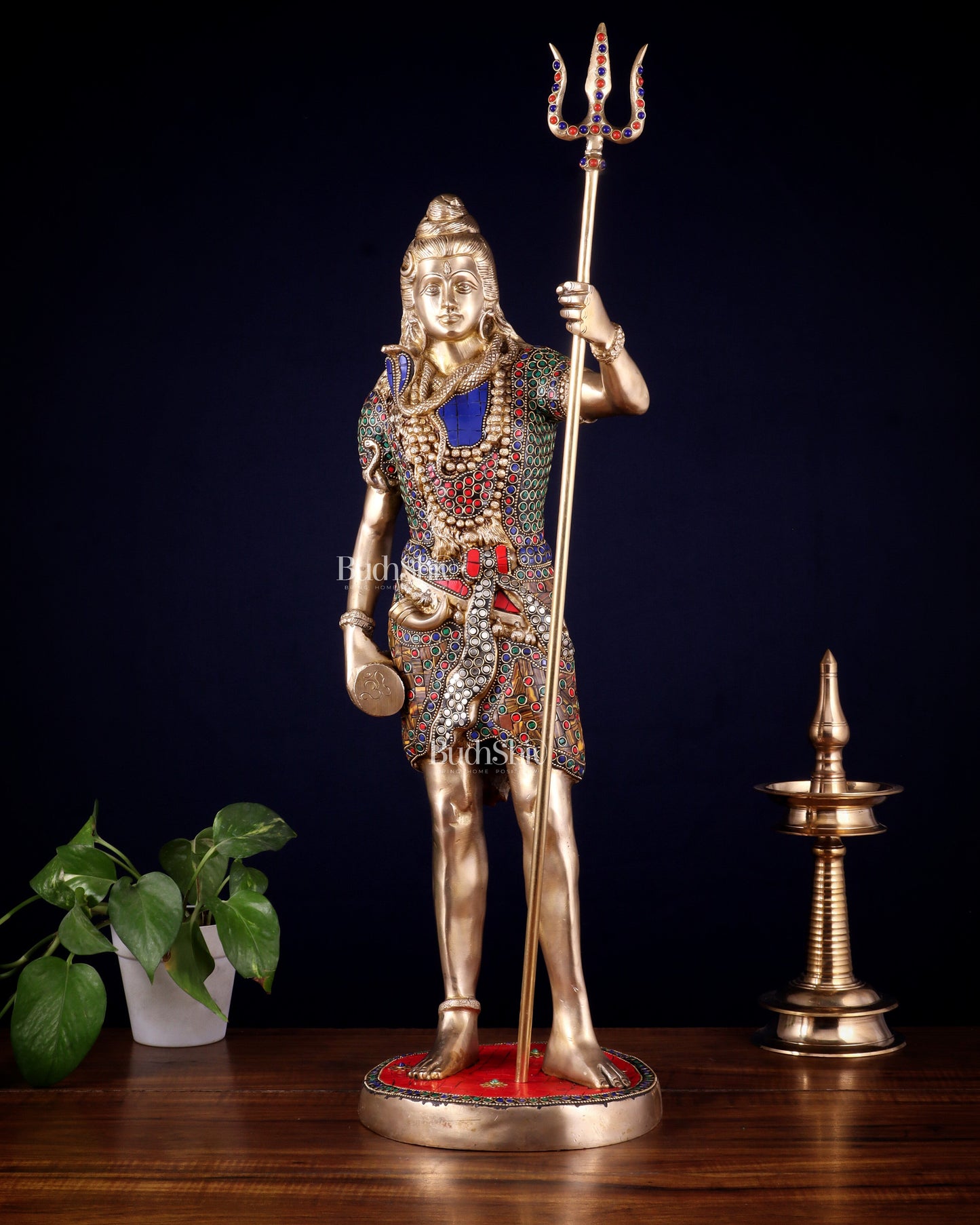 Brass Standing Shiva Statue – meenakari Stonework | 26"