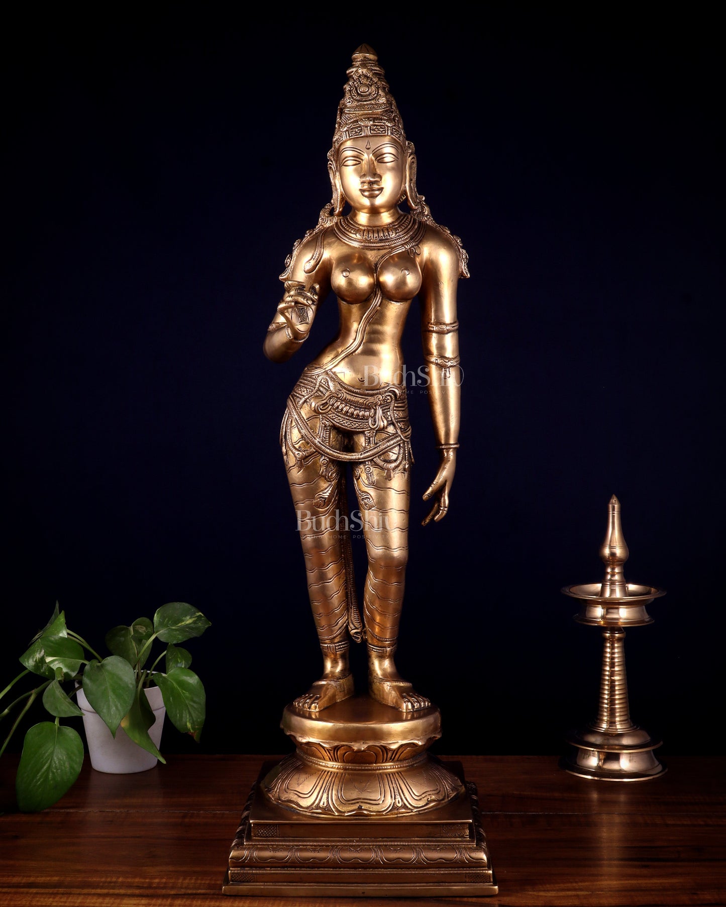 Brass Bhoga Shakti Uma Parvati Standing Sculpture – 27" Height