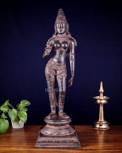 Pure Brass Bhoga Shakti Uma Parvati Standing Sculpture – 27" Height, Chola Style