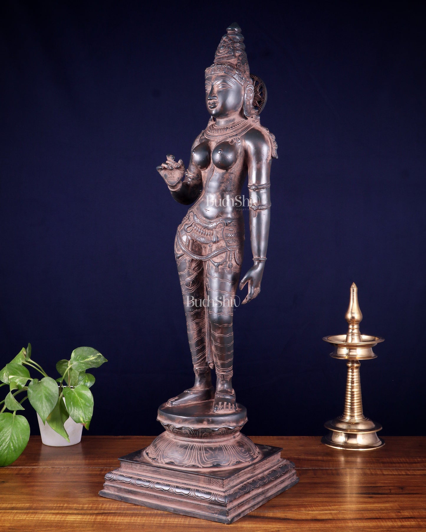 Pure Brass Bhoga Shakti Uma Parvati Standing Sculpture – 27" Height, Chola Style