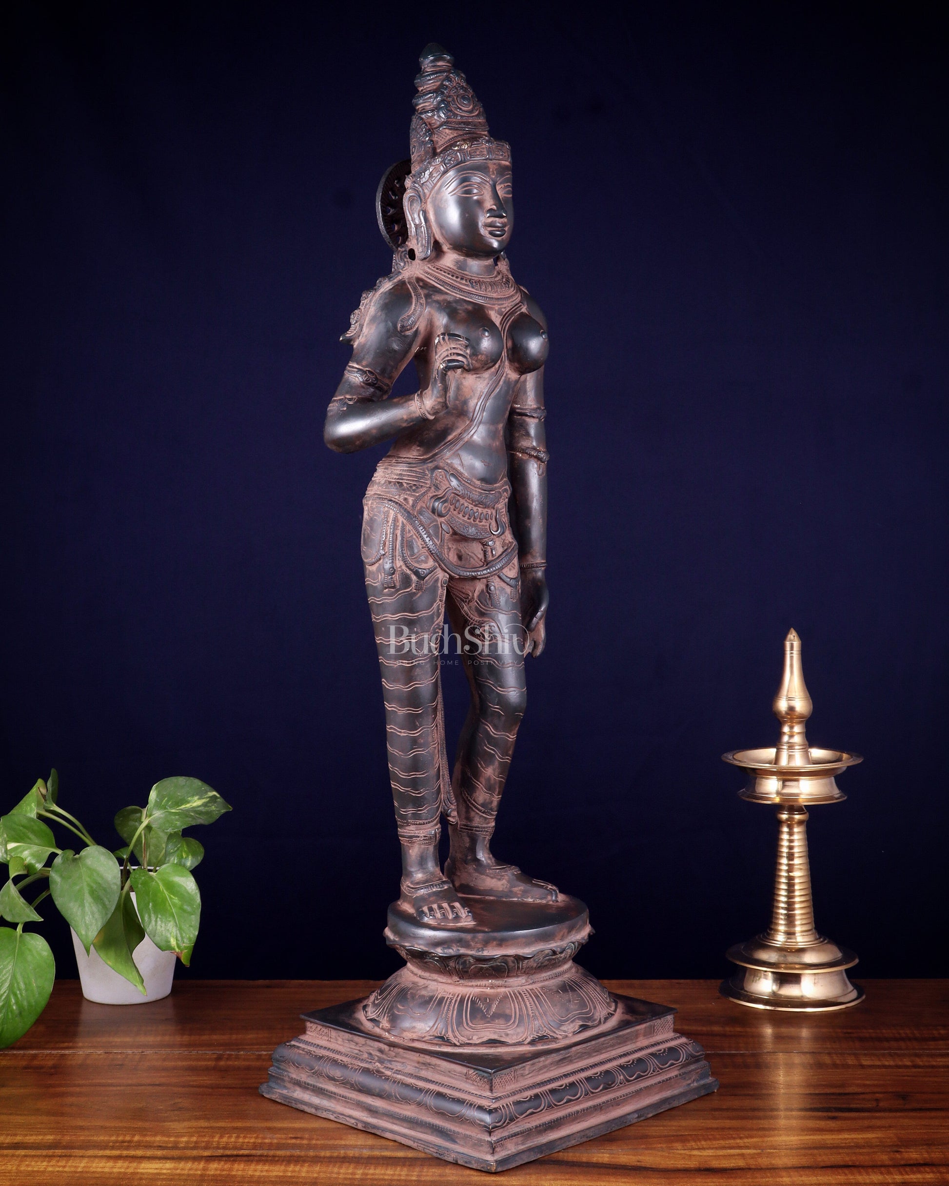 Pure Brass Bhoga Shakti Uma Parvati Standing Sculpture – 27" Height, Chola Style