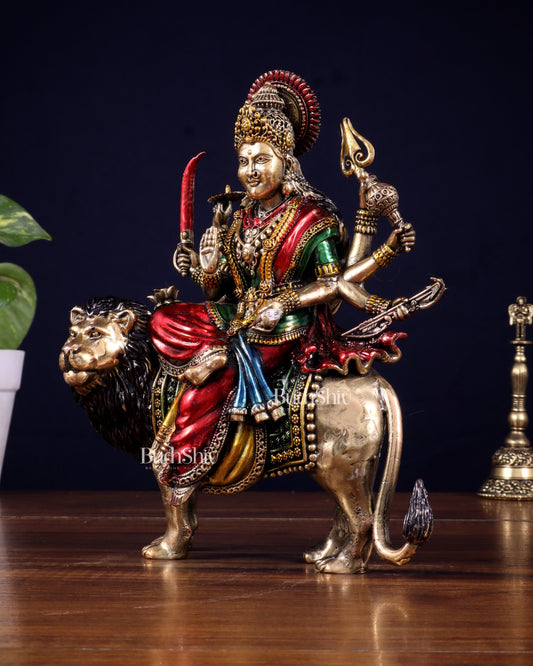 Brass Superfine Goddess Durga Ambe Mata Sitting on Lion - 8" Tall hand-painted