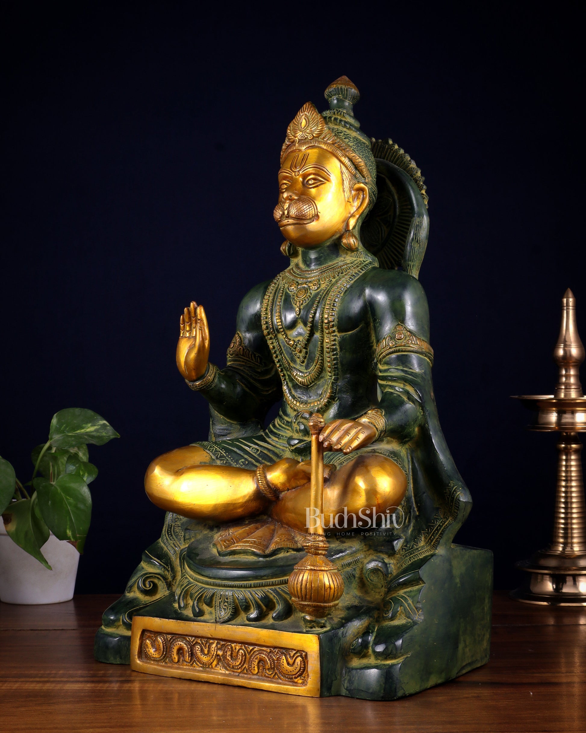 Brass Blessing Hanuman Statue – Green Tone, 17.5 Inch
