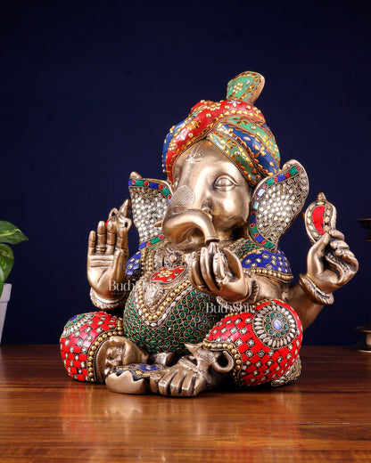 Brass Ganesha statue wearing a turban idol 14" meenakari Stonework