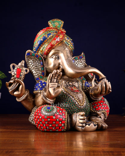 Brass Ganesha statue wearing a turban idol 14" meenakari Stonework