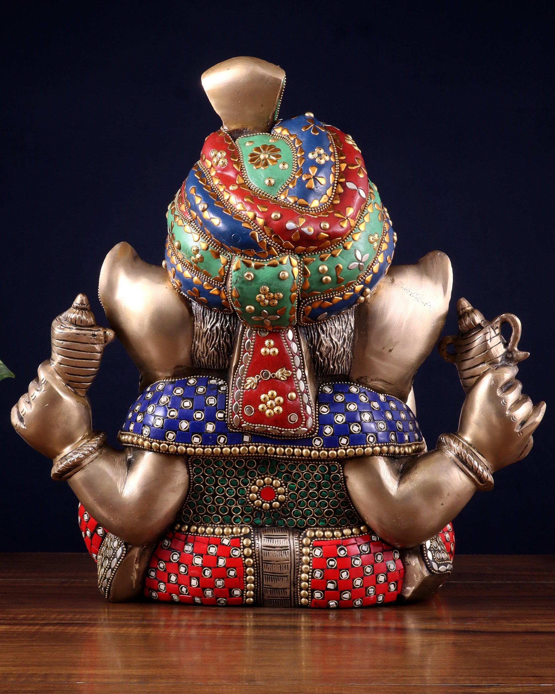 Brass Ganesha statue wearing a turban idol 14" meenakari Stonework