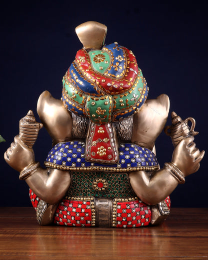 Brass Ganesha statue wearing a turban idol 14" meenakari Stonework