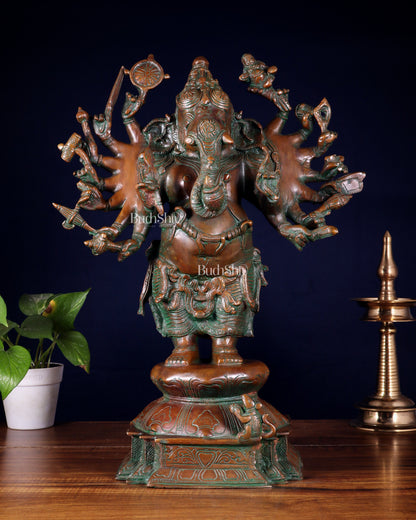 Brass Standing Ganesha Statue with Sixteen Arms - 19" veer ganapathy sculpture