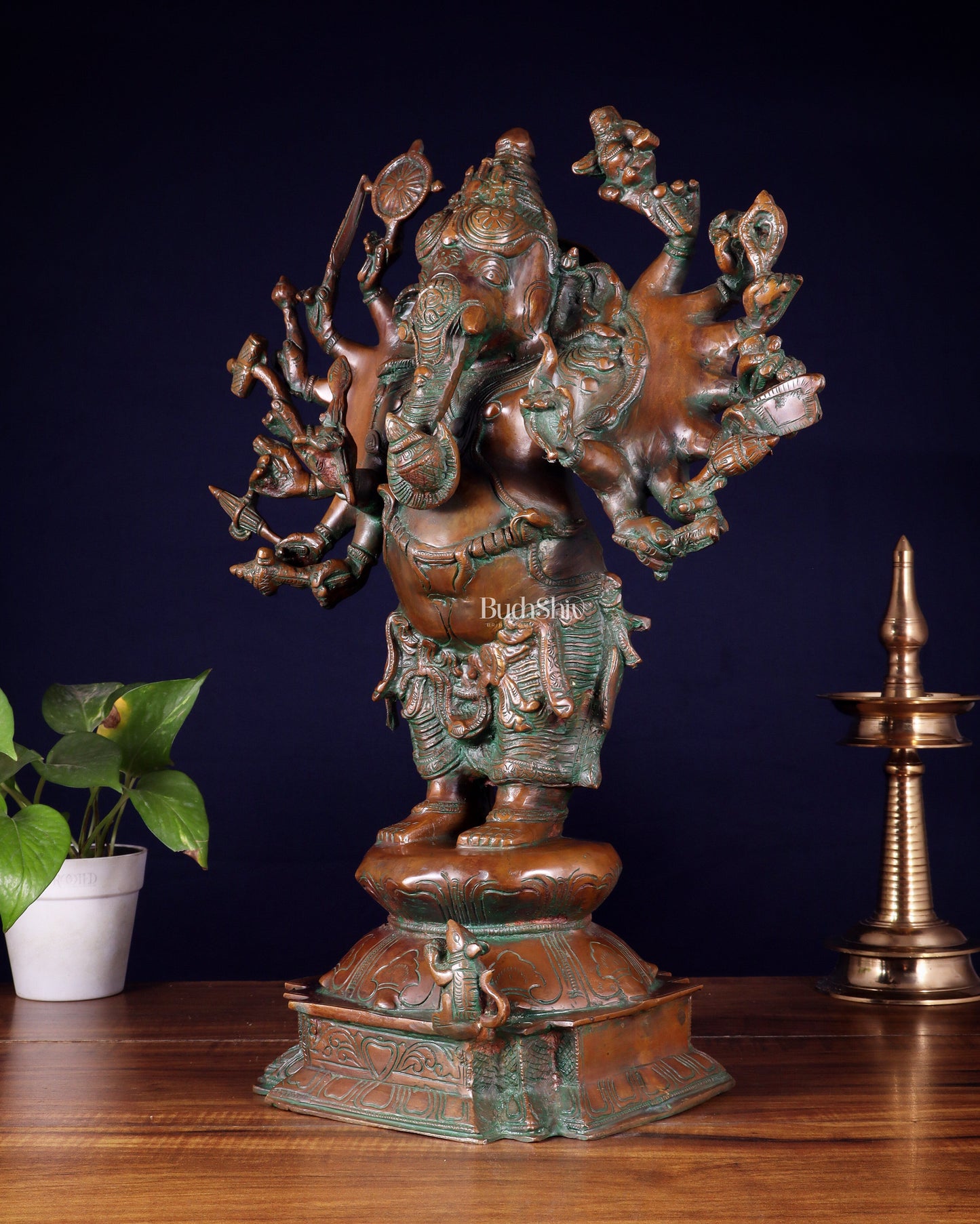 Brass Standing Ganesha Statue with Sixteen Arms - 19" veer ganapathy sculpture