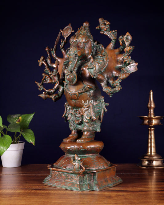 Brass Standing Ganesha Statue with Sixteen Arms - 19" veer ganapathy sculpture