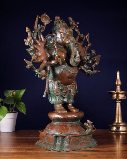 Brass Standing Ganesha Statue with Sixteen Arms - 19" veer ganapathy sculpture