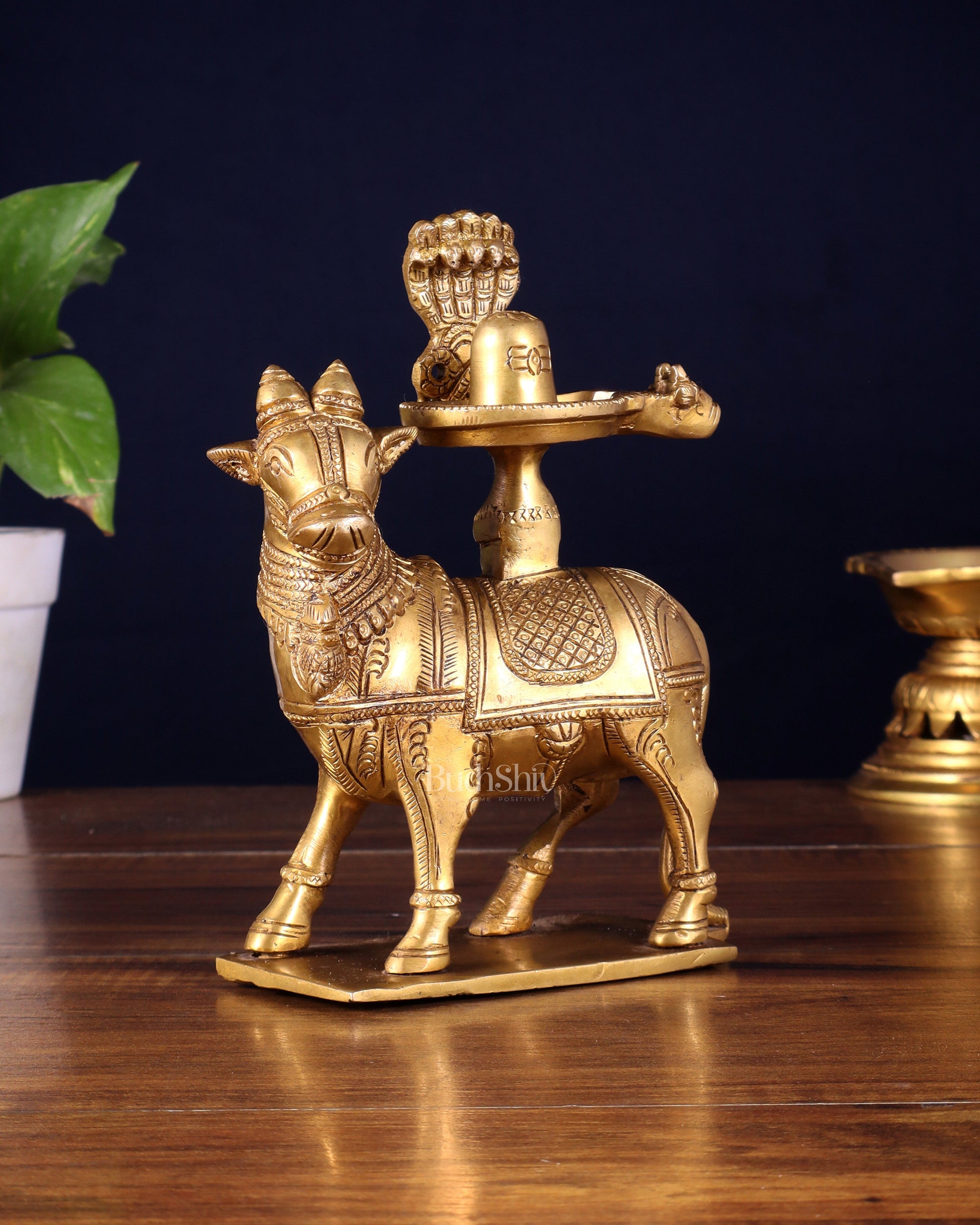 Brass standing Nandi with Shiva Lingam | 7 inch