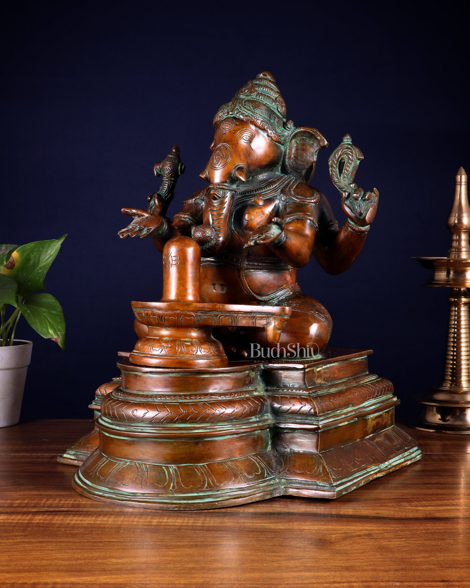 Pure Brass Ganapati with Shiv Ling Statue 14.5 Inch