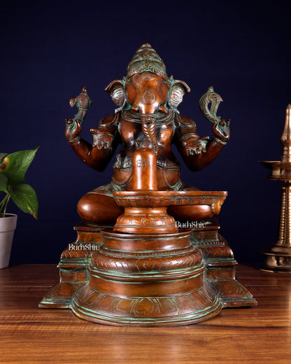 Pure Brass Ganapati with Shiv Ling Statue 14.5 Inch