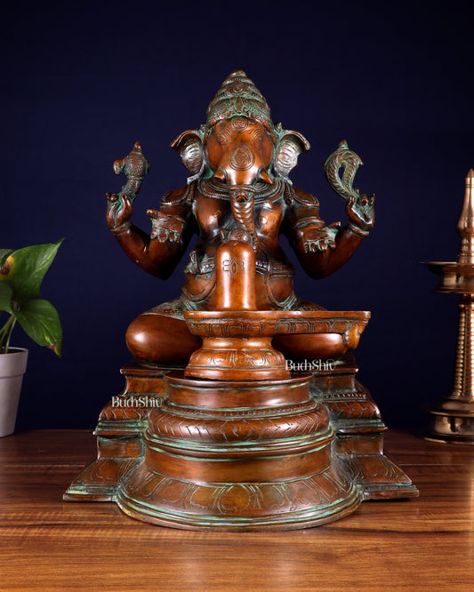 Pure Brass Ganapati with Shiv Ling Statue 14.5 Inch