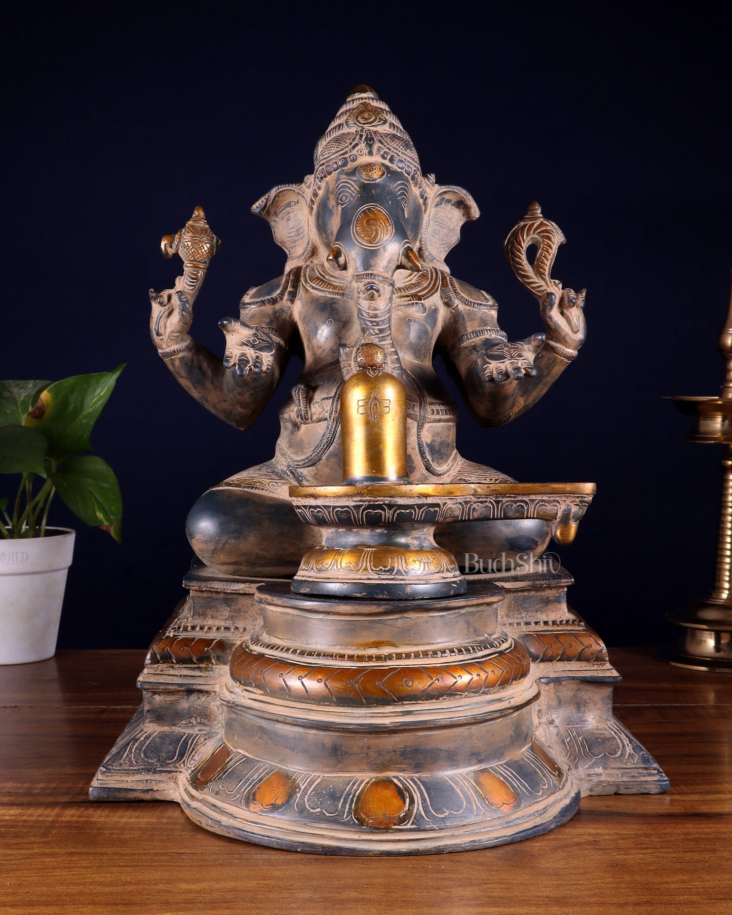 Pure Brass Ganapati with Shiv Ling Statue | Vintage Patina | 14 Inch