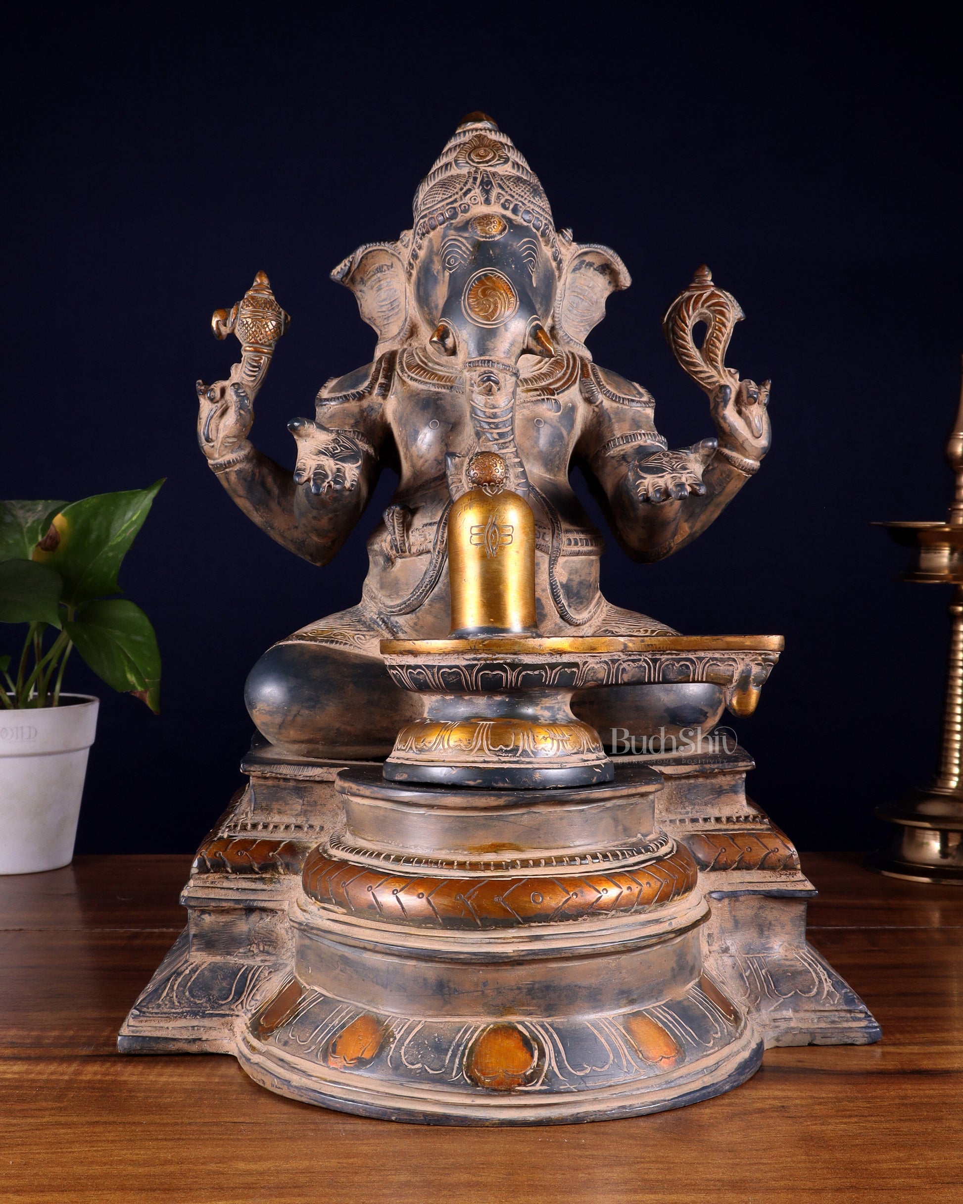 Pure Brass Ganapati with Shiv Ling Statue | Vintage Patina | 14 Inch