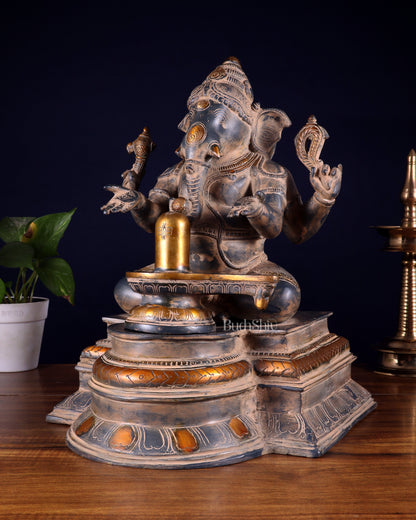 Pure Brass Ganapati with Shiv Ling Statue | Vintage Patina | 14 Inch