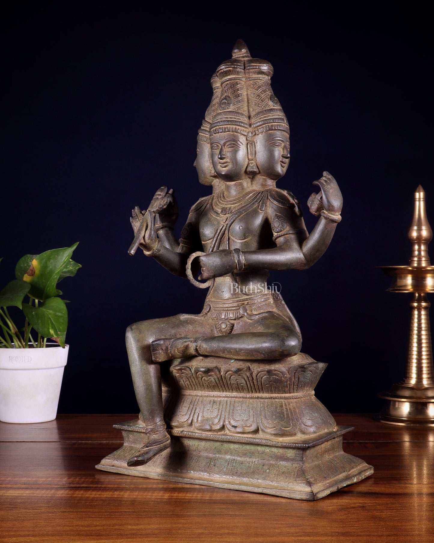Vintage Brass Seated Lord Brahma Sculpture - 16 inch