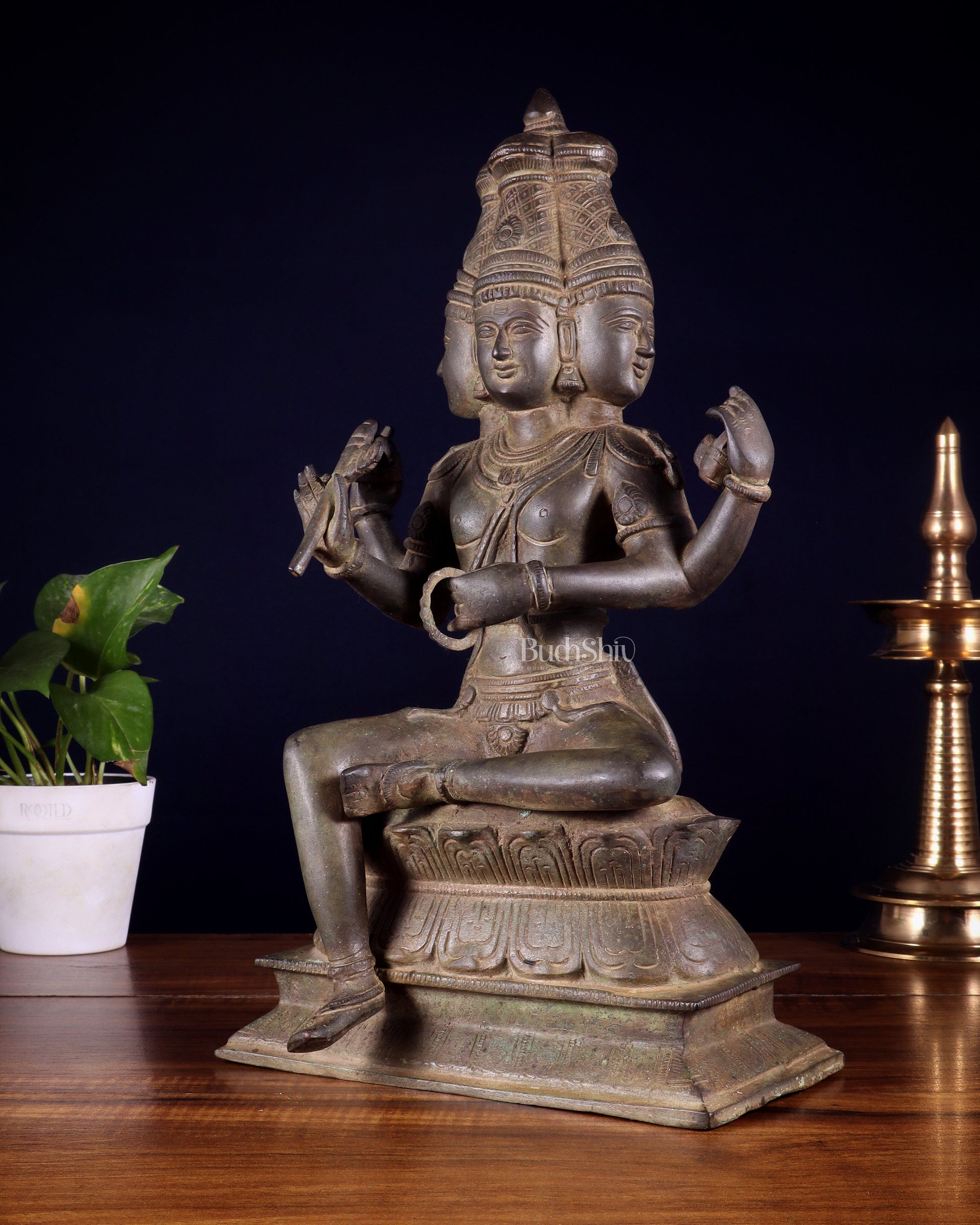 Vintage Brass Seated Lord Brahma Sculpture - 16 inch